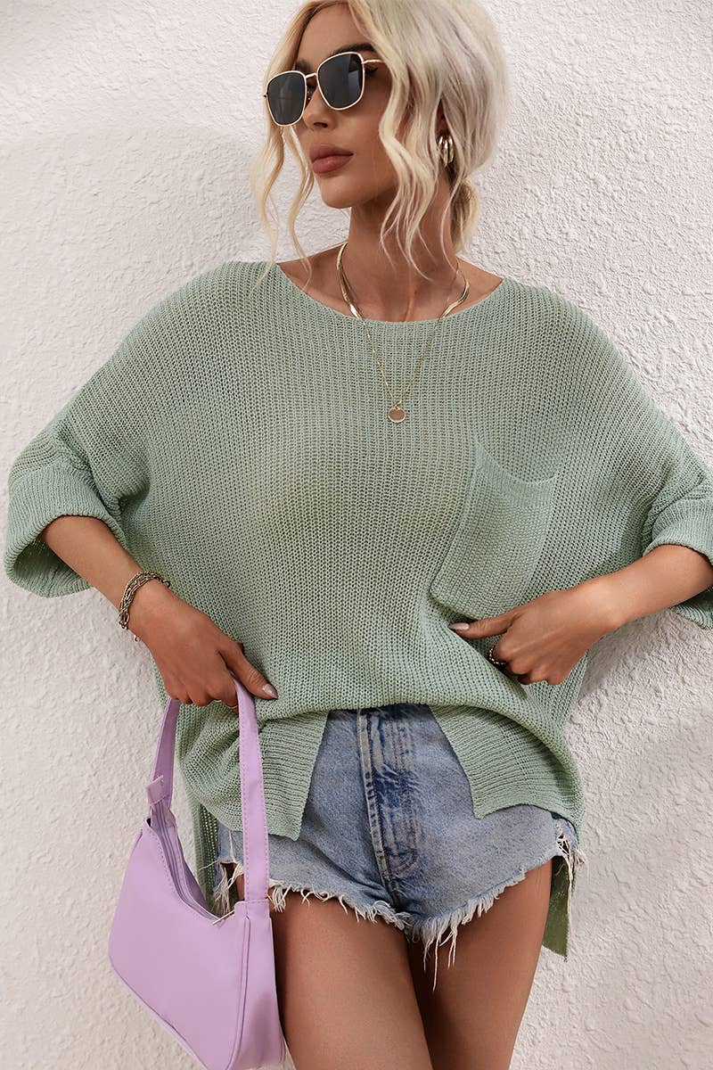 Loose Fit Rolled 3/4 Sleeve Knit Top