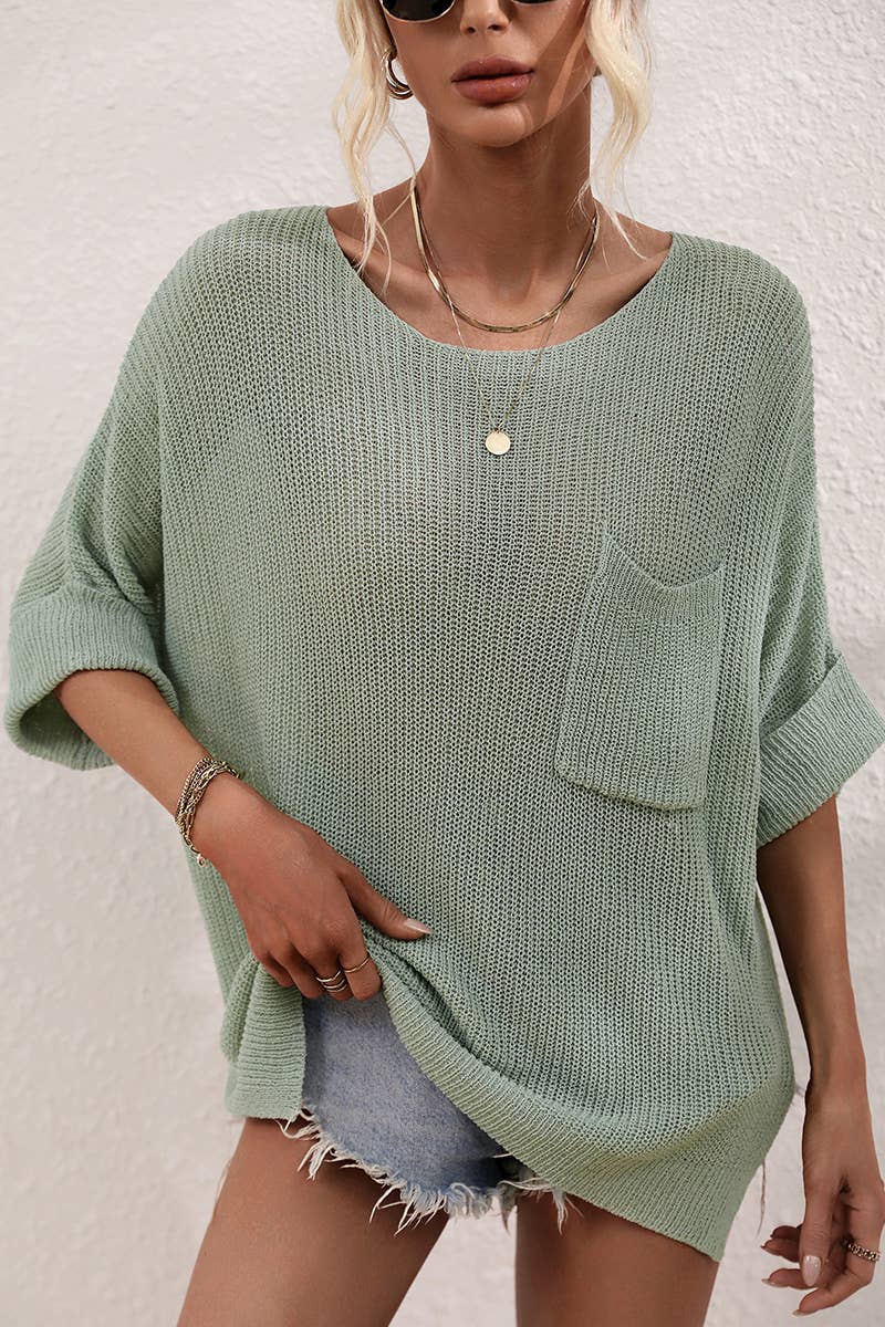 Loose Fit Rolled 3/4 Sleeve Knit Top