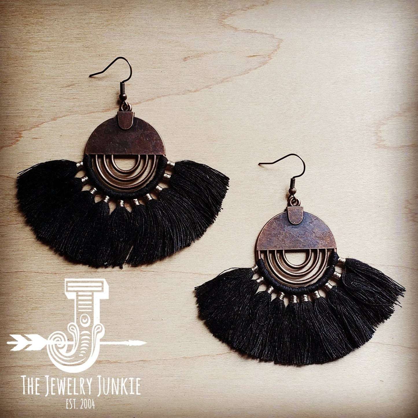 Black Copper Fan Tassel Earrings