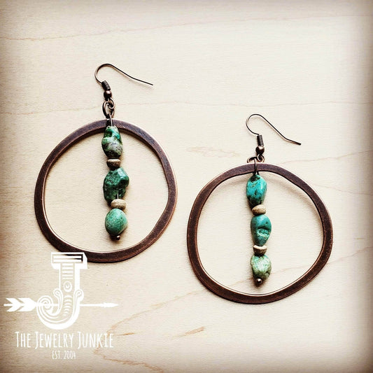 Copper Hoop Earrings with Natural Turquoise and Wood